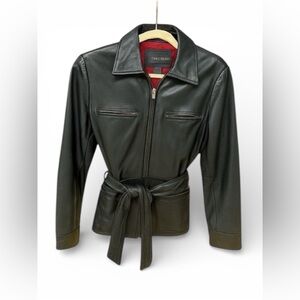 Express Black Leather Jacket • Belted Moto Style • Size S